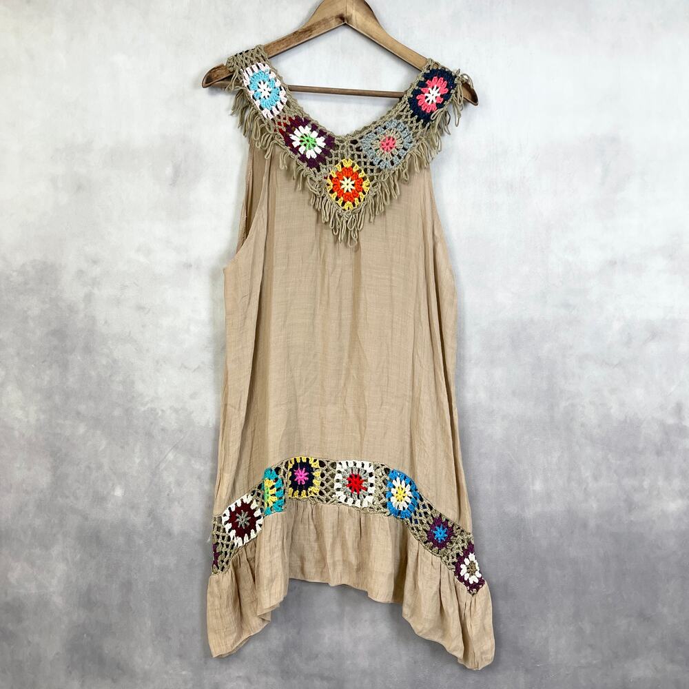 Ucho Bali Women Dress One Size‎ Tan Crochet Cottagecore Indie Fringe Boho Beachy